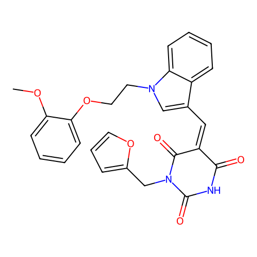 (5Z)-1-(furan-2-ylmethyl)-5-({1-[2-(2-methoxyphenoxy)ethyl]-1H-indol-3-yl}methylidene)pyrimidine-2,4,6(1H,3H,5H)-trione structure