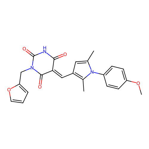 (E)-1-(furan-2-ylmethyl)-5-((1-(4-methoxyphenyl)-2,5-dimethyl-1H-pyrrol-3-yl)methylene)pyrimidine-2,4,6(1H,3H,5H)-trione structure