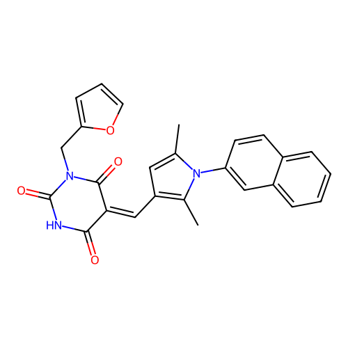 (5Z)-5-[(2,5-dimethyl-1-naphthalen-2-ylpyrrol-3-yl)methylidene]-1-(furan-2-ylmethyl)-1,3-diazinane-2,4,6-trione structure