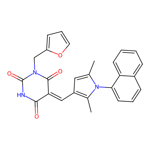(5Z)-5-[(2,5-dimethyl-1-naphthalen-1-ylpyrrol-3-yl)methylidene]-1-(furan-2-ylmethyl)-1,3-diazinane-2,4,6-trione structure