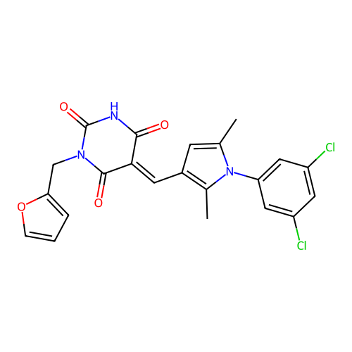 (E)-5-((1-(3,5-dichlorophenyl)-2,5-dimethyl-1H-pyrrol-3-yl)methylene)-1-(furan-2-ylmethyl)pyrimidine-2,4,6(1H,3H,5H)-trione structure