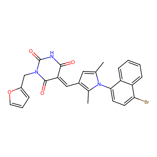 (E)-5-((1-(4-bromonaphthalen-1-yl)-2,5-dimethyl-1H-pyrrol-3-yl)methylene)-1-(furan-2-ylmethyl)pyrimidine-2,4,6(1H,3H,5H)-trione structure