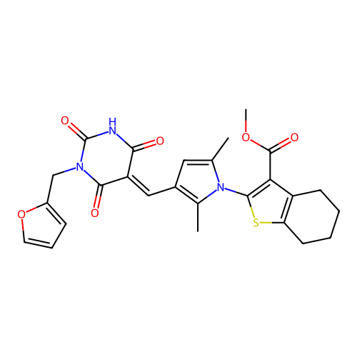 (E)-methyl 2-(3-((1-(furan-2-ylmethyl)-2,4,6-trioxotetrahydropyrimidin-5(2H)-ylidene)methyl)-2,5-dimethyl-1H-pyrrol-1-yl)-4,5,6,7-tetrahydrobenzo[b]thiophene-3-carboxylate structure