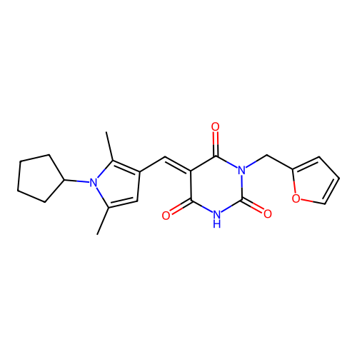 (5E)-5-[(1-cyclopentyl-2,5-dimethyl-1H-pyrrol-3-yl)methylidene]-3-(furan-2-ylmethyl)-6-hydroxypyrimidine-2,4(3H,5H)-dione structure