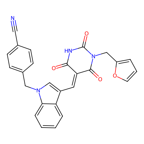 (E)-4-((3-((1-(furan-2-ylmethyl)-2,4,6-trioxotetrahydropyrimidin-5(2H)-ylidene)methyl)-1H-indol-1-yl)methyl)benzonitrile structure