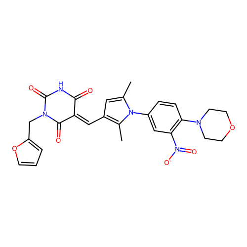 (E)-5-((2,5-dimethyl-1-(4-morpholino-3-nitrophenyl)-1H-pyrrol-3-yl)methylene)-1-(furan-2-ylmethyl)pyrimidine-2,4,6(1H,3H,5H)-trione structure