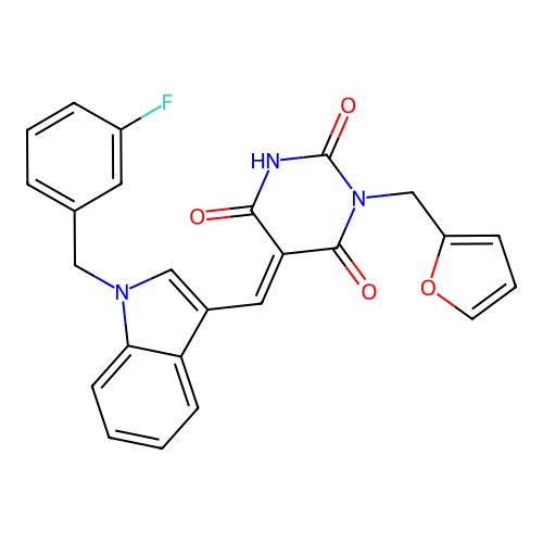 (5E)-5-[[1-[(3-fluorophenyl)methyl]indol-3-yl]methylidene]-1-(furan-2-ylmethyl)-1,3-diazinane-2,4,6-trione structure