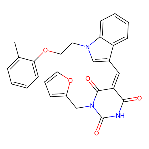 (Z)-1-(furan-2-ylmethyl)-5-((1-(2-(o-tolyloxy)ethyl)-1H-indol-3-yl)methylene)pyrimidine-2,4,6(1H,3H,5H)-trione structure
