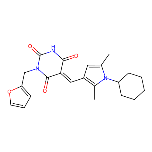 (5E)-5-[(1-cyclohexyl-2,5-dimethyl-1H-pyrrol-3-yl)methylidene]-3-(furan-2-ylmethyl)-6-hydroxypyrimidine-2,4(3H,5H)-dione structure
