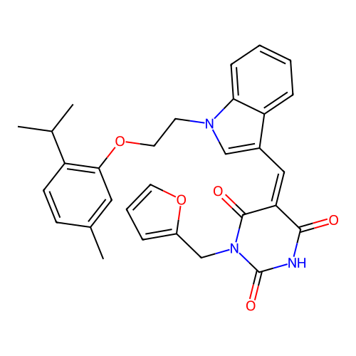 (Z)-1-(furan-2-ylmethyl)-5-((1-(2-(2-isopropyl-5-methylphenoxy)ethyl)-1H-indol-3-yl)methylene)pyrimidine-2,4,6(1H,3H,5H)-trione structure