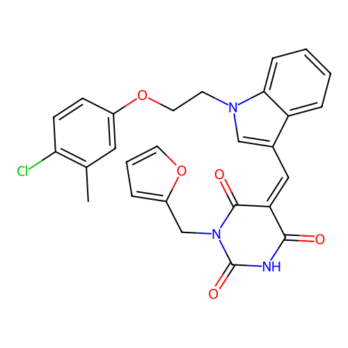 (Z)-5-((1-(2-(4-chloro-3-methylphenoxy)ethyl)-1H-indol-3-yl)methylene)-1-(furan-2-ylmethyl)pyrimidine-2,4,6(1H,3H,5H)-trione structure