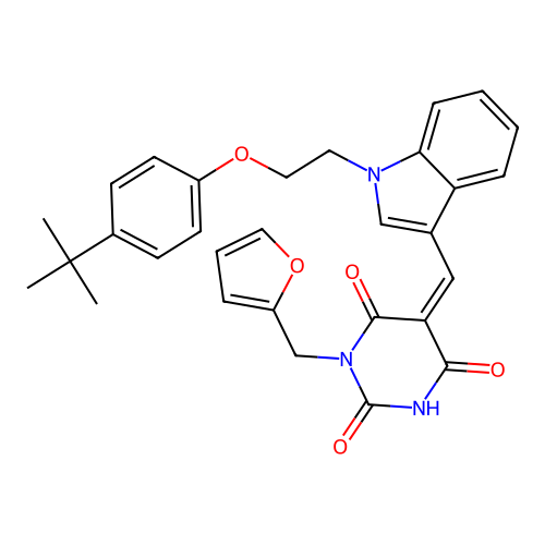 (Z)-5-((1-(2-(4-(tert-butyl)phenoxy)ethyl)-1H-indol-3-yl)methylene)-1-(furan-2-ylmethyl)pyrimidine-2,4,6(1H,3H,5H)-trione structure