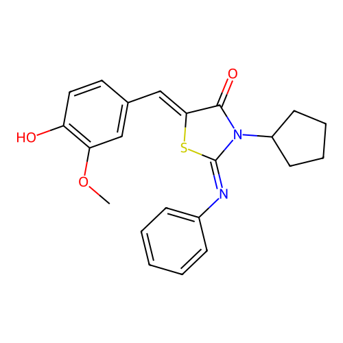 (2E,5Z)-3-cyclopentyl-5-(4-hydroxy-3-methoxybenzylidene)-2-(phenylimino)thiazolidin-4-one structure