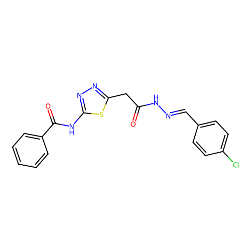 (E)-N-(5-(2-(2-(4-chlorobenzylidene)hydrazinyl)-2-oxoethyl)-1,3,4-thiadiazol-2-yl)benzamide structure