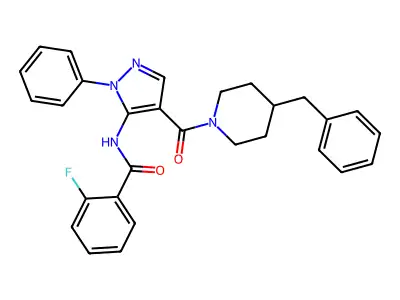 N-[4-(4-benzylpiperidine-1-carbonyl)-2-phenylpyrazol-3-yl]-2-fluorobenzamide structure