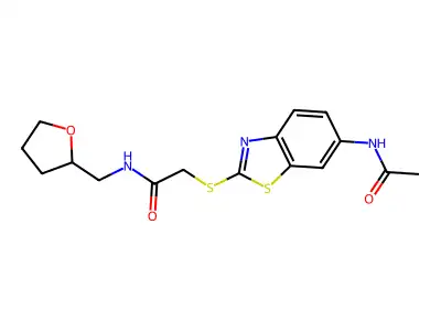 2-[(6-acetamido-1,3-benzothiazol-2-yl)sulfanyl]-N-(oxolan-2-ylmethyl)acetamide structure