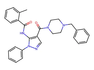 N-[4-(4-benzylpiperazine-1-carbonyl)-2-phenylpyrazol-3-yl]-2-methylbenzamide structure