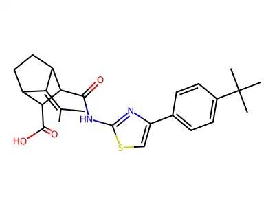 3-{[4-(4-tert-butylphenyl)-1,3-thiazol-2-yl]carbamoyl}-7-(propan-2-ylidene)bicyclo[2.2.1]heptane-2-carboxylic acid structure