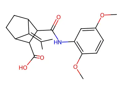 2-[(2,5-dimethoxyphenyl)carbamoyl]-7-propan-2-ylidenebicyclo[2.2.1]heptane-3-carboxylic acid structure