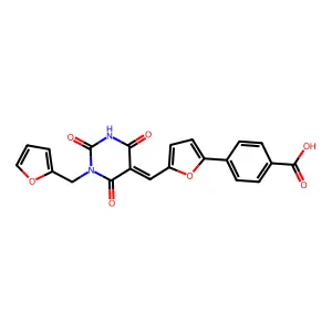 (Z)-4-(5-((1-(furan-2-ylmethyl)-2,4,6-trioxotetrahydropyrimidin-5(2H)-ylidene)methyl)furan-2-yl)benzoic acid structure