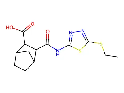 2-[(5-ethylsulfanyl-1,3,4-thiadiazol-2-yl)carbamoyl]bicyclo[2.2.1]heptane-3-carboxylic acid structure