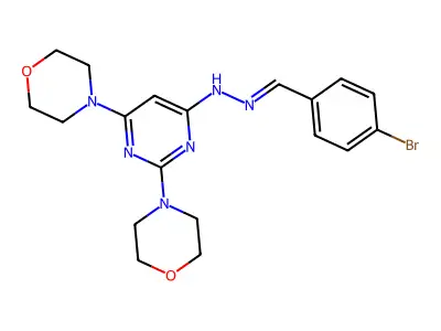 N-[(E)-(4-bromophenyl)methylideneamino]-2,6-dimorpholin-4-ylpyrimidin-4-amine structure