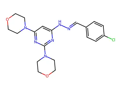 N-[(E)-(4-chlorophenyl)methylideneamino]-2,6-dimorpholin-4-ylpyrimidin-4-amine structure