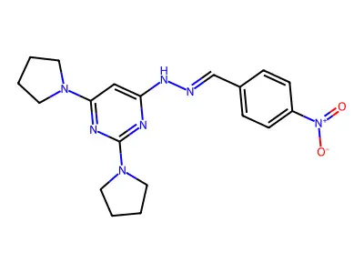 N-[(E)-(4-nitrophenyl)methylideneamino]-2,6-dipyrrolidin-1-ylpyrimidin-4-amine structure