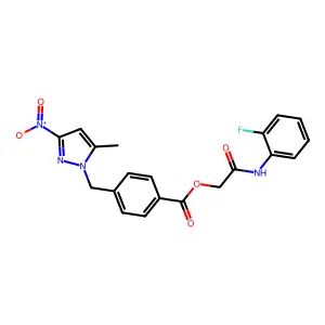 [2-(2-fluoroanilino)-2-oxoethyl] 4-[(5-methyl-3-nitropyrazol-1-yl)methyl]benzoate structure