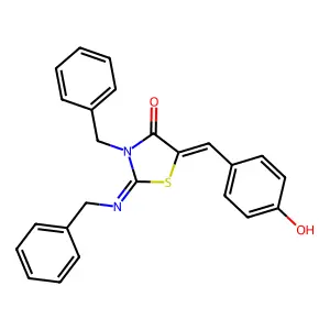 3-Benzyl-2-(benzylimino)-5-(4-hydroxybenzylidene)-1,3-thiazolidin-4-one structure