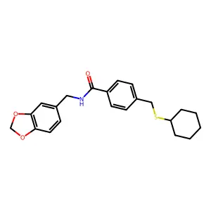 N-(1,3-benzodioxol-5-ylmethyl)-4-(cyclohexylsulfanylmethyl)benzamide structure