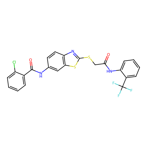2-chloro-N-{2-[(2-oxo-2-{[2-(trifluoromethyl)phenyl]amino}ethyl)sulfanyl]-1,3-benzothiazol-6-yl}benzamide structure