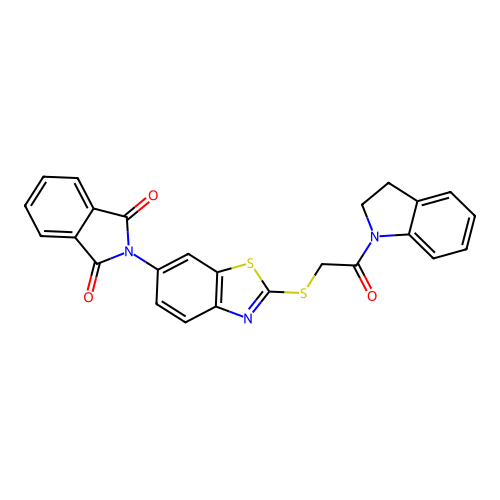 2-[2-(2-Indolinyl-2-oxoethylthio)benzothiazol-6-yl]benzo[c]azoline-1,3-dione structure
