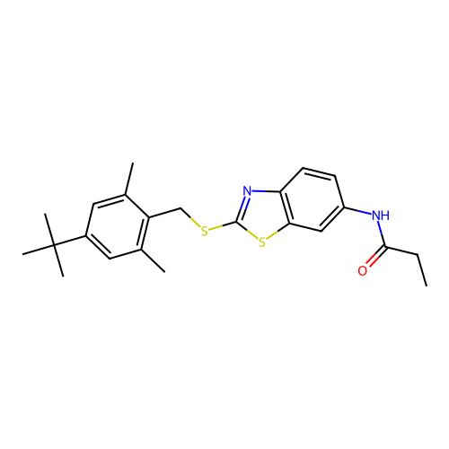 N-{2-[(4-tert-butyl-2,6-dimethylbenzyl)sulfanyl]-1,3-benzothiazol-6-yl}propanamide structure