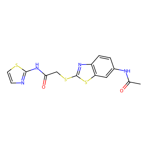 2-[6-(acetylamino)benzothiazol-2-ylthio]-N-(1,3-thiazol-2-yl)acetamide structure