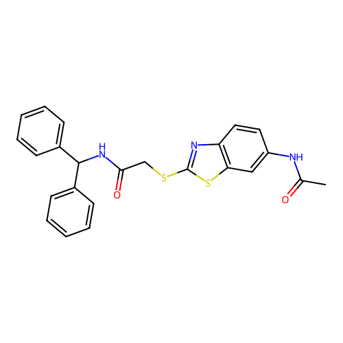 2-[6-(acetylamino)benzothiazol-2-ylthio]-N-(diphenylmethyl)acetamide structure