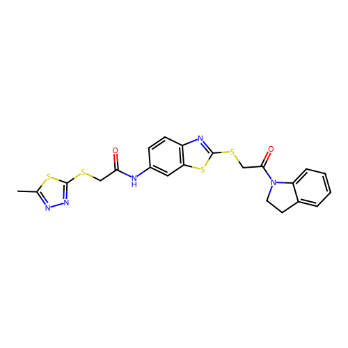 N-(2-((2-(indolin-1-yl)-2-oxoethyl)thio)benzo[d]thiazol-6-yl)-2-((5-methyl-1,3,4-thiadiazol-2-yl)thio)acetamide structure