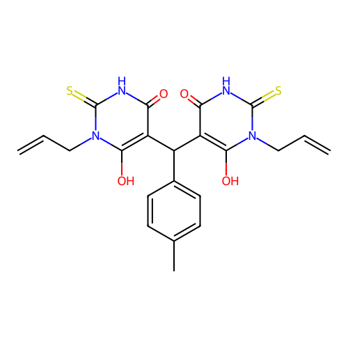 3-allyl-5-((1-allyl-6-hydroxy-4-oxo-2-thioxo-1,2,3,4-tetrahydropyrimidin-5-yl)(p-tolyl)methyl)-6-hydroxy-2-thioxo-2,3-dihydropyrimidin-4(1H)-one structure