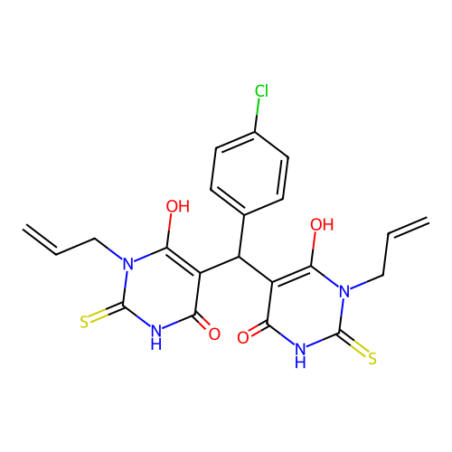3-allyl-5-((1-allyl-6-hydroxy-4-oxo-2-thioxo-1,2,3,4-tetrahydropyrimidin-5-yl)(4-chlorophenyl)methyl)-6-hydroxy-2-thioxo-2,3-dihydropyrimidin-4(1H)-one structure