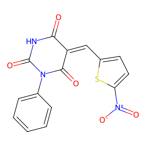 (5Z)-5-[(5-nitrothiophen-2-yl)methylidene]-1-phenyl-1,3-diazinane-2,4,6-trione structure