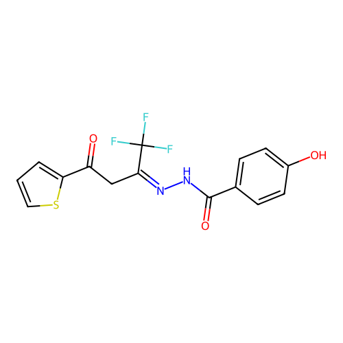 (Z)-4-hydroxy-N'-(1,1,1-trifluoro-4-oxo-4-(thiophen-2-yl)butan-2-ylidene)benzohydrazide structure
