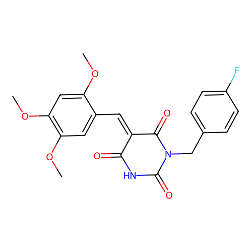 (E)-1-(4-fluorobenzyl)-5-(2,4,5-trimethoxybenzylidene)pyrimidine-2,4,6(1H,3H,5H)-trione structure