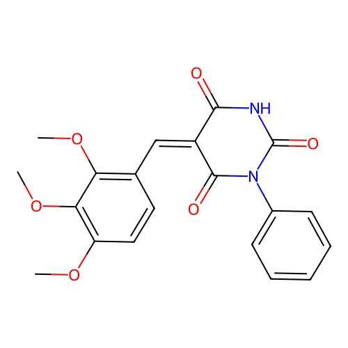 (Z)-1-phenyl-5-(2,3,4-trimethoxybenzylidene)pyrimidine-2,4,6(1H,3H,5H)-trione structure