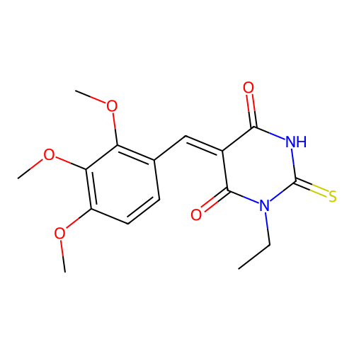 (Z)-1-ethyl-2-thioxo-5-(2,3,4-trimethoxybenzylidene)dihydropyrimidine-4,6(1H,5H)-dione structure