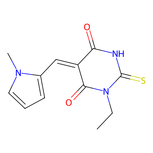 (Z)-1-ethyl-5-((1-methyl-1H-pyrrol-2-yl)methylene)-2-thioxodihydropyrimidine-4,6(1H,5H)-dione structure