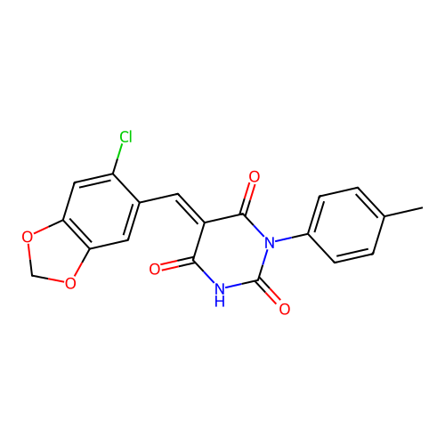 (5E)-5-[(6-chloro-1,3-benzodioxol-5-yl)methylidene]-1-(4-methylphenyl)-1,3-diazinane-2,4,6-trione structure