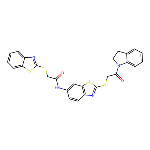 2-(1,3-benzothiazol-2-ylsulfanyl)-N-(2-{[2-(2,3-dihydro-1H-indol-1-yl)-2-oxoethyl]sulfanyl}-1,3-benzothiazol-6-yl)acetamide structure