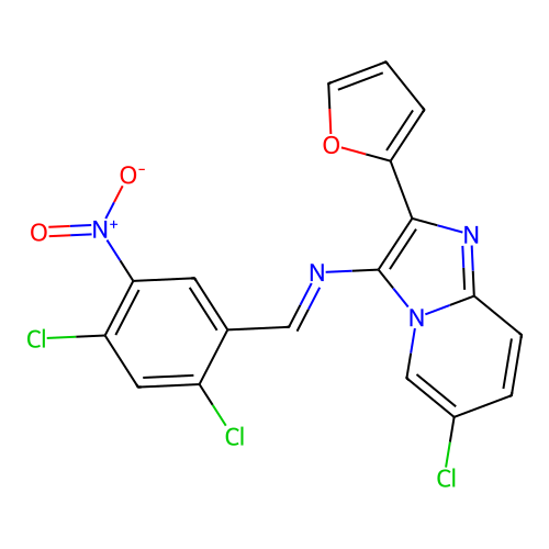 6-chloro-3-({2,4-dichloro-5-nitrobenzylidene}amino)-2-(2-furyl)imidazo[1,2-a]pyridine structure