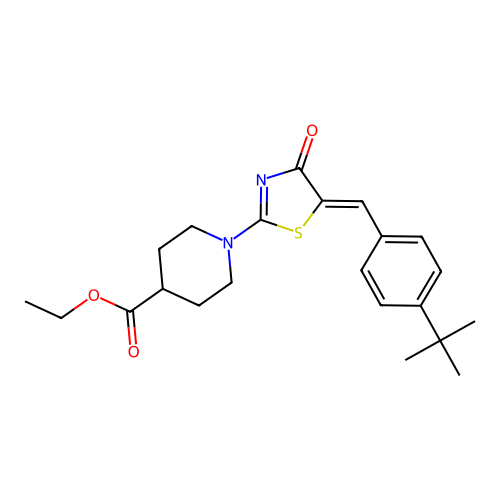 (Z)-ethyl 1-(5-(4-(tert-butyl)benzylidene)-4-oxo-4,5-dihydrothiazol-2-yl)piperidine-4-carboxylate structure