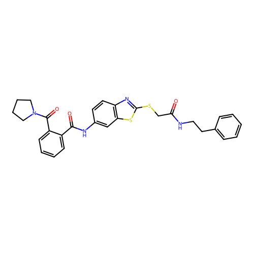 N-(2-((2-oxo-2-(phenethylamino)ethyl)thio)benzo[d]thiazol-6-yl)-2-(pyrrolidine-1-carbonyl)benzamide structure